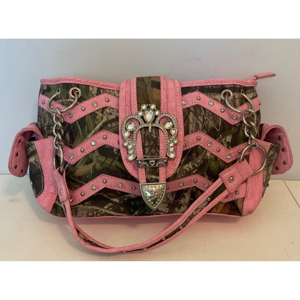 Pink Camo Western Rhinestone Buckle Camouflage Concealed Carry Purse Y2K Studded